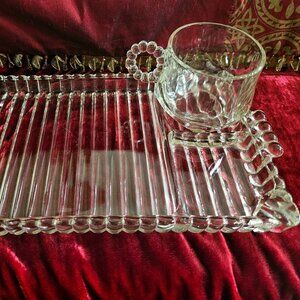HAZEL ATLAS  Ball & Rib Glass Snack Tray and Cup Set